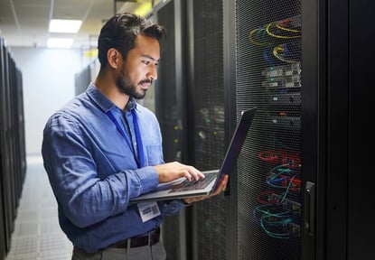 Web_Mobile-Man, engineering laptop and data center, server room inspection or system solution, coding and business network. IT person on computer for
