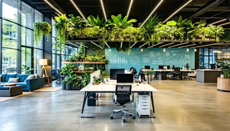 The image showcases a modern office space filled with natural light featuring open workstations with ergonomic chairs and sleek desks Lush green plants are strategically placed throughout the area creating a  (1)